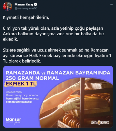 Mansur Yavaş'dan Ankaralıya Güzel Haber: Halk Ekmek ramazan ayında 1 TL 2