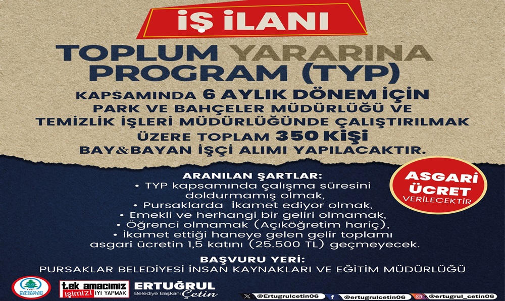 Pursaklar Belediyesi’nden TYP ile 350 İşçi Alımı yapacağın duyurdu! İşte başvuru şartları...