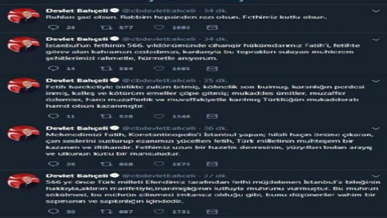 Bahçeli:"İstanbul’un fethi, gelmiş geçmiş en büyük, en görkemli, en göz alıcı fetihlerden biridir"