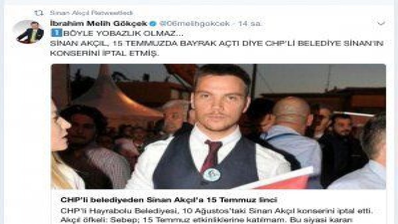 Ankara Büyükşehir Belediye Başkanı Melih Gökçek'ten Sinan Akçıl'a destek geldi