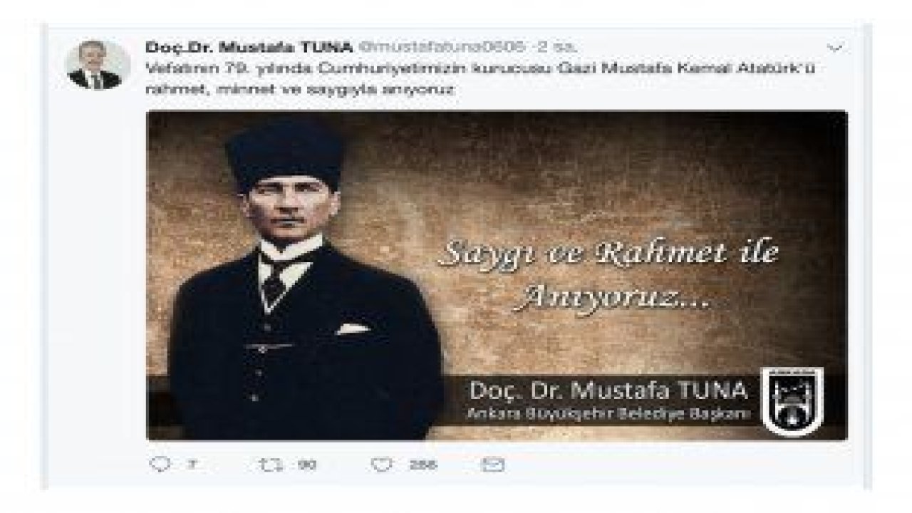 Ankara Büyükşehir Belediye Başkanı Doç. Dr. Mustafa Tuna'dan 10 Kasım mesajı