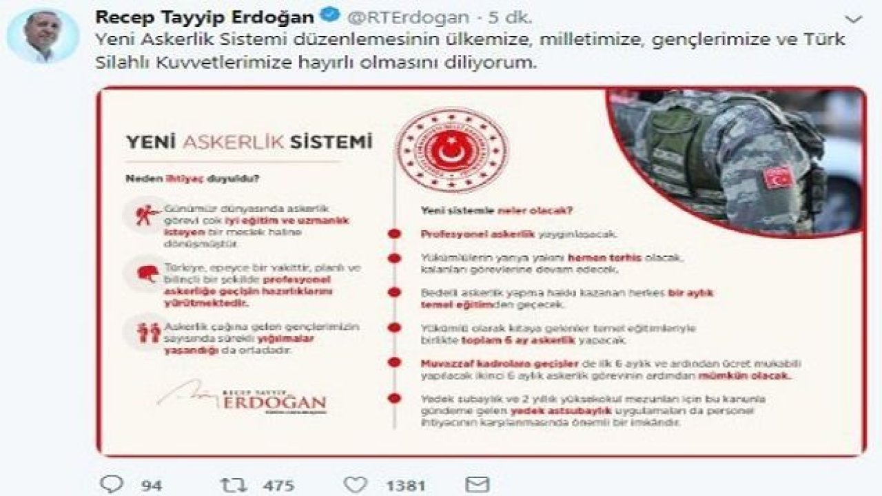 Cumhurbaşkanı Erdoğan: Yeni Askerlik Sistemi hayırlı olsun