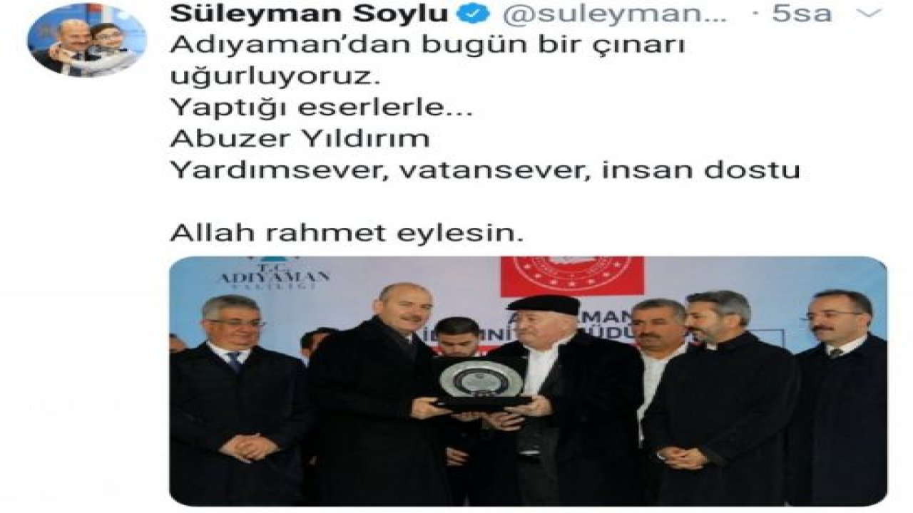 Bakan Soylu’dan Abuzer Yıldırım için başsağlığı mesajı