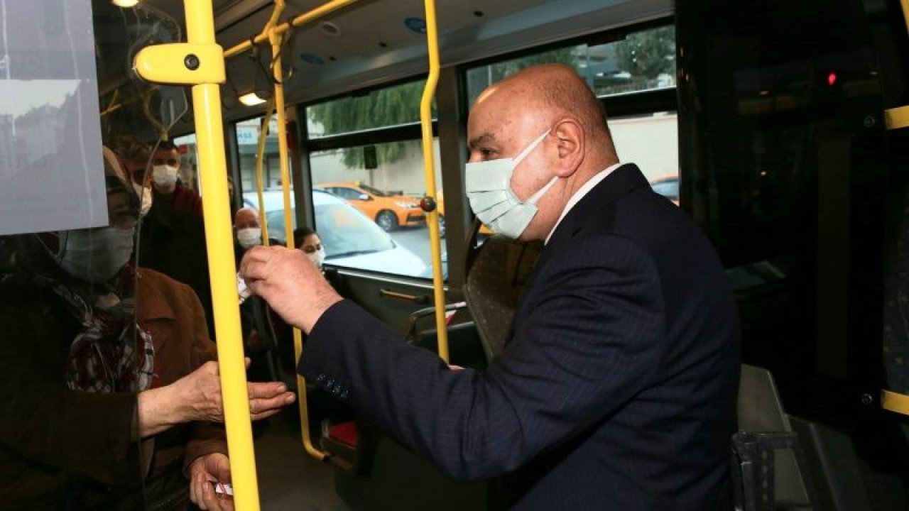 Başkan Altınok EGO otobüsünde hem TMM uyarısı yaptı, hem de dezenfektan dağıttı