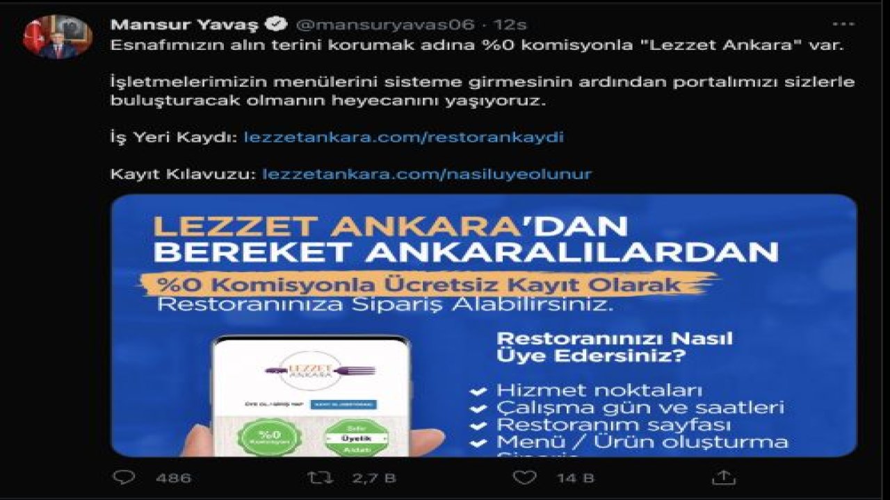 Mansur Yavaş’tan Esnafa Yeni Destek: Sıfır Komisyonlu “Lezzet Ankara” Uygulaması