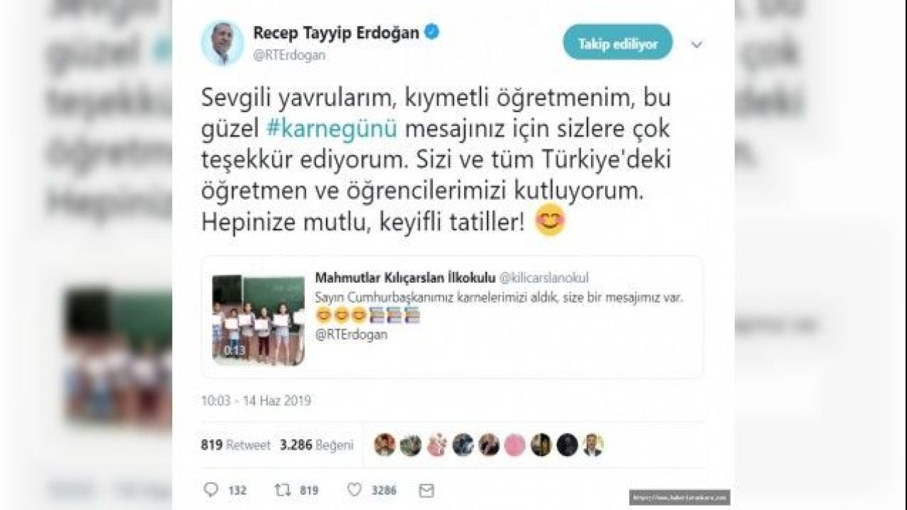 Erdoğan'dan Karne Alan Öğrencilere Mesaj