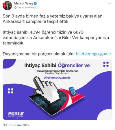 Ankara Büyükşehir Belediyesi'nden İhtiyaç Sahiplerine Destek Kampanyası: Bilet Ver!